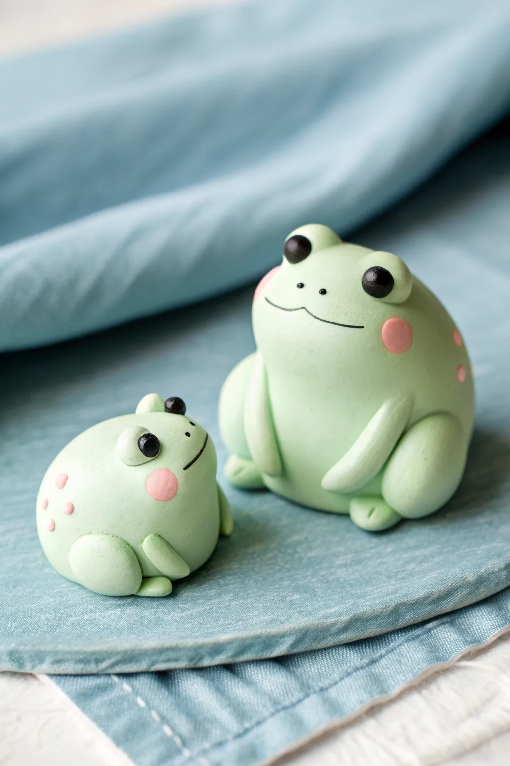Two squishy round clay frog pocket pals in sage green, popping against a pastel blue backdrop.