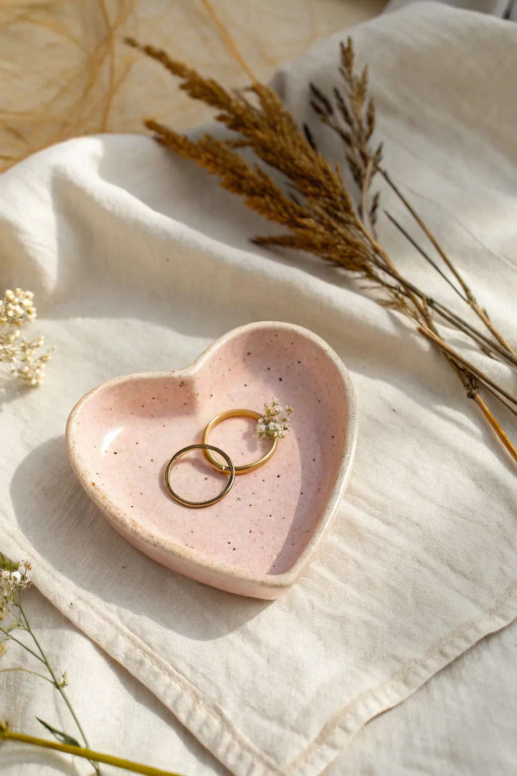 Mini heart trinket dish in soft pastels, perfect beginner clay project for rings and pins.