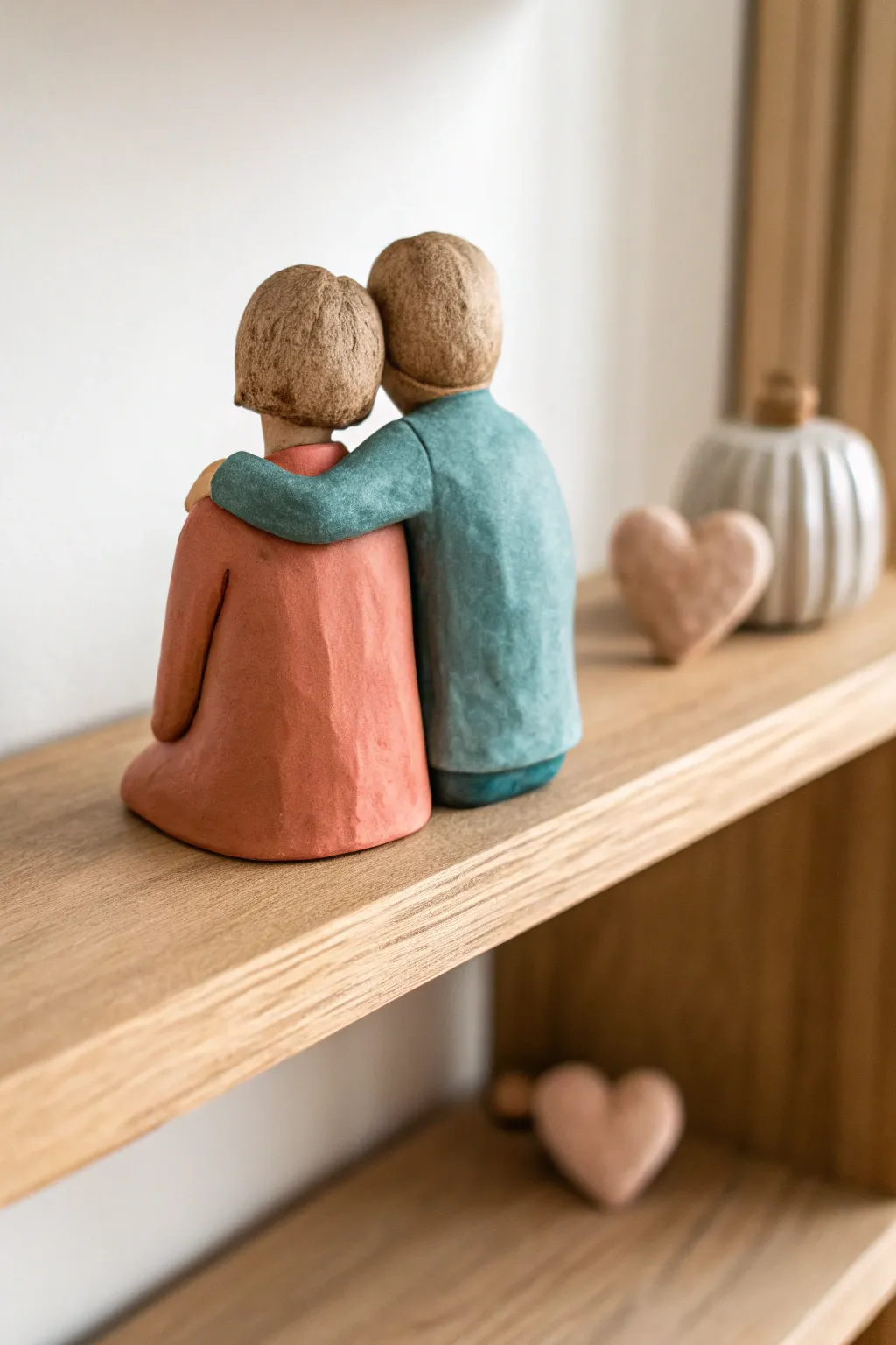 Back-view couple shelf sitter with a tiny heart, a sweet and simple clay gift for your boyfriend