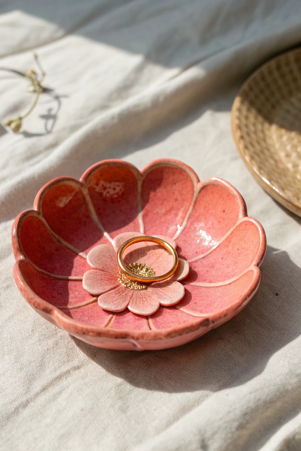 Sweet floral petal ring dish in cheerful colors, a simple Mothers Day clay gift idea.