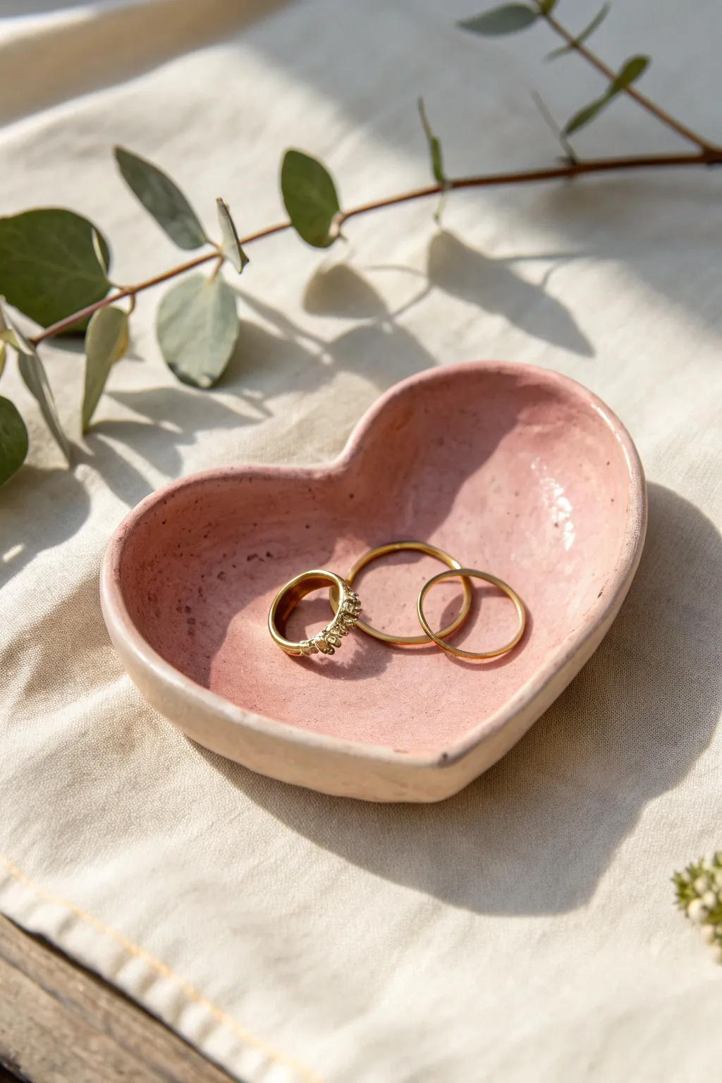 Rosy pink heart jewelry dish with gold rings, minimalist Scandinavian styling and boho greenery.