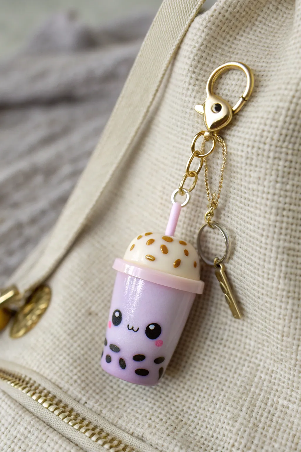 Tiny bubble tea keychain with blush cheeks, pastel cup and glossy boba, clipped to your backpack.