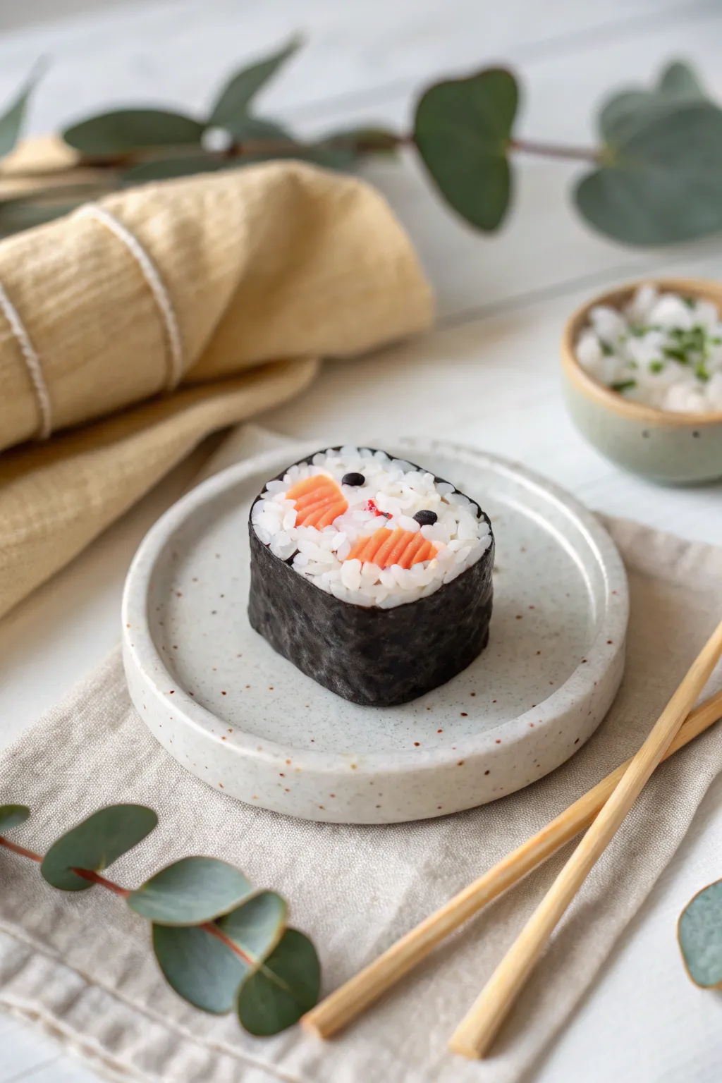 Tiny sushi clay magnet with a sweet face, adding playful boho charm to a minimalist kitchen.