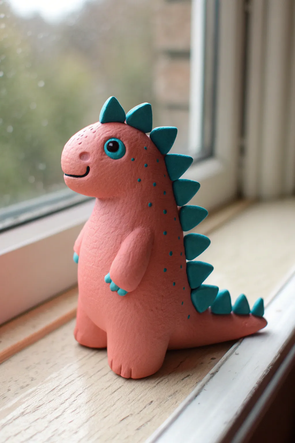 Spiky-back dino monster in bold coral and teal, a sweet clay buddy for your shelf.