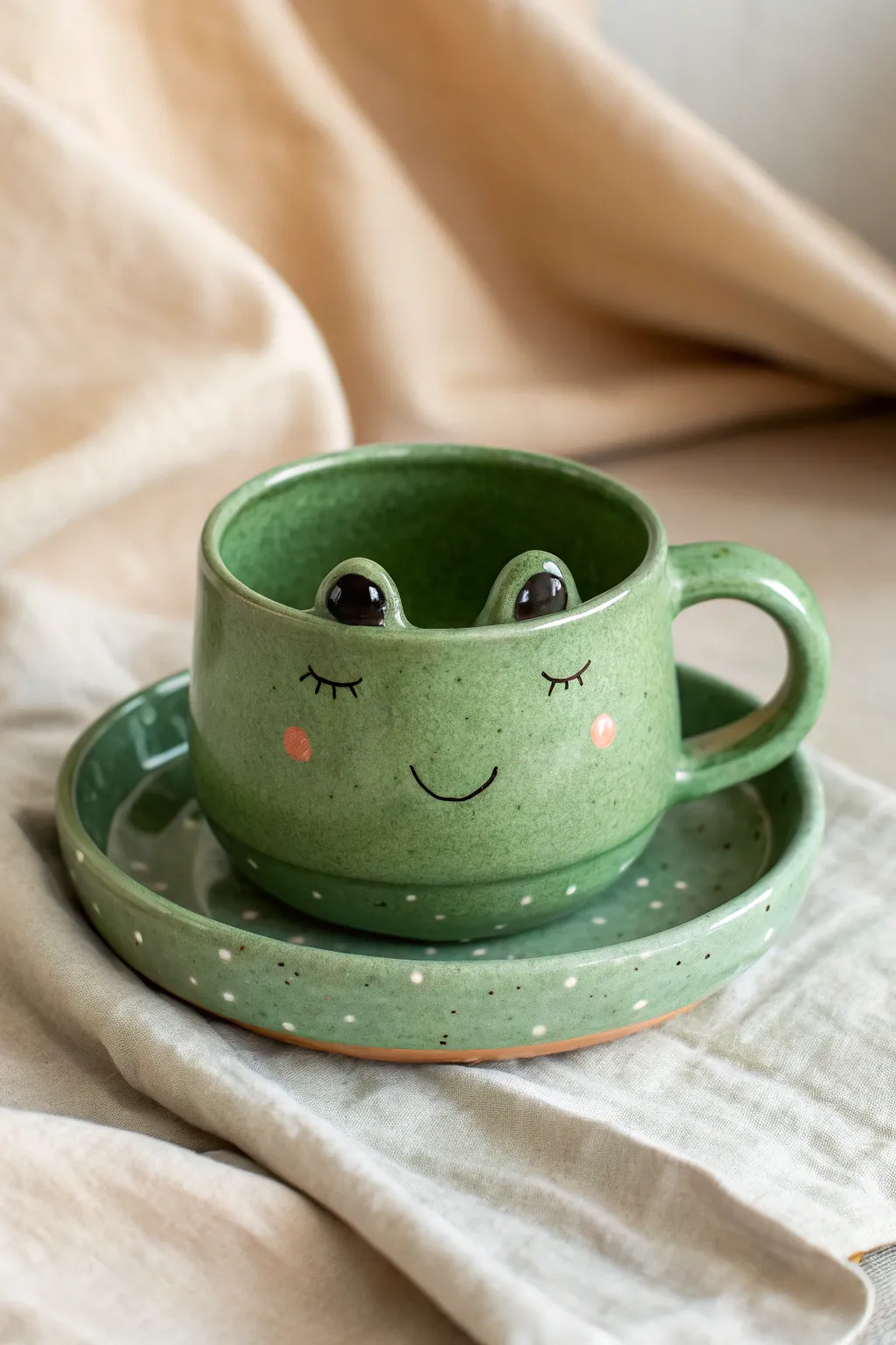 Glossy frog face mug with tiny cheek spots, minimalist and playful in bold green.