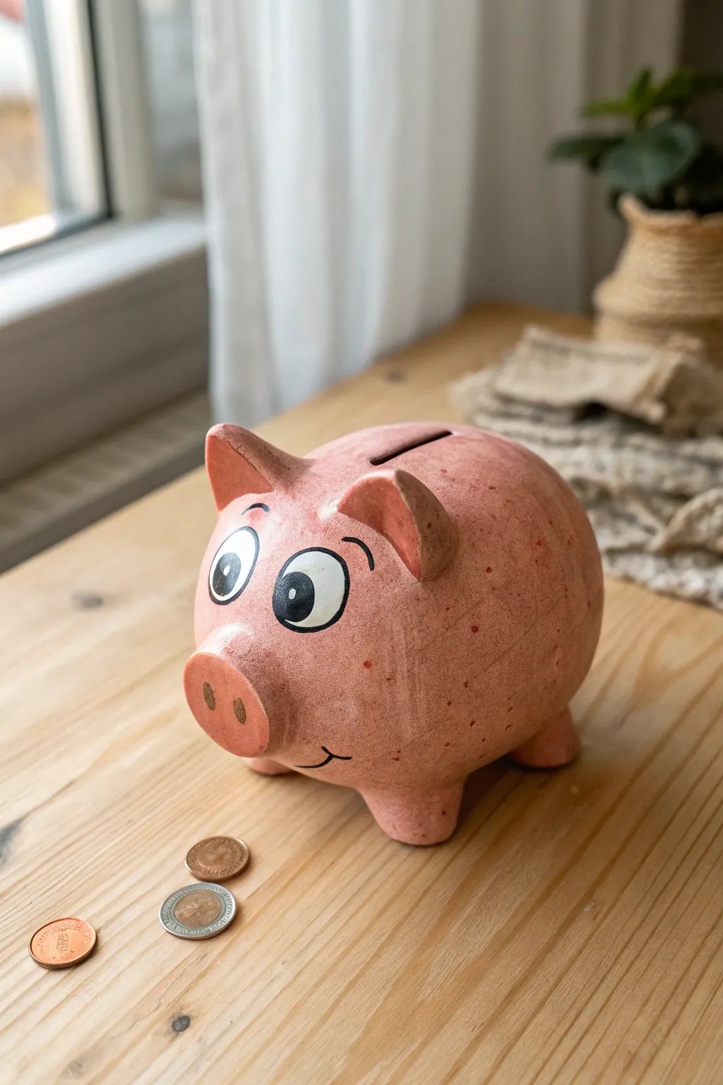 Big-eyed cartoon piggy bank with perky ears, bold coral glaze, and a sweet curious look
