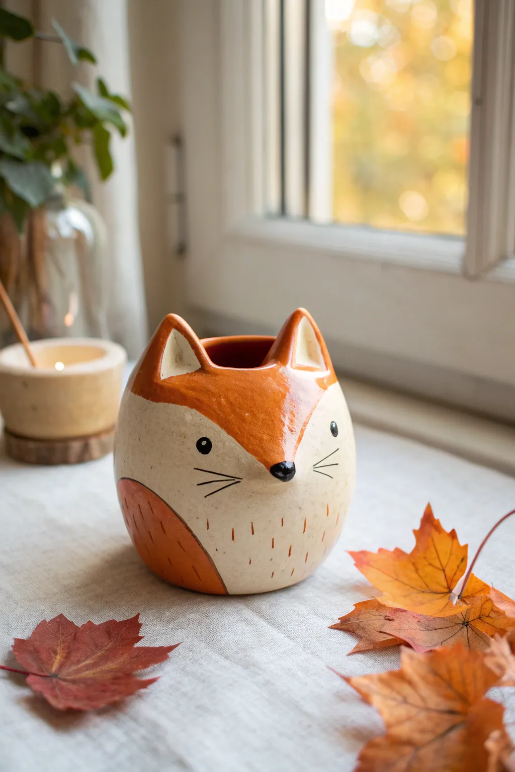 Woodland fox pinch pot in warm terracotta tones, simple and charming for cozy boho decor.
