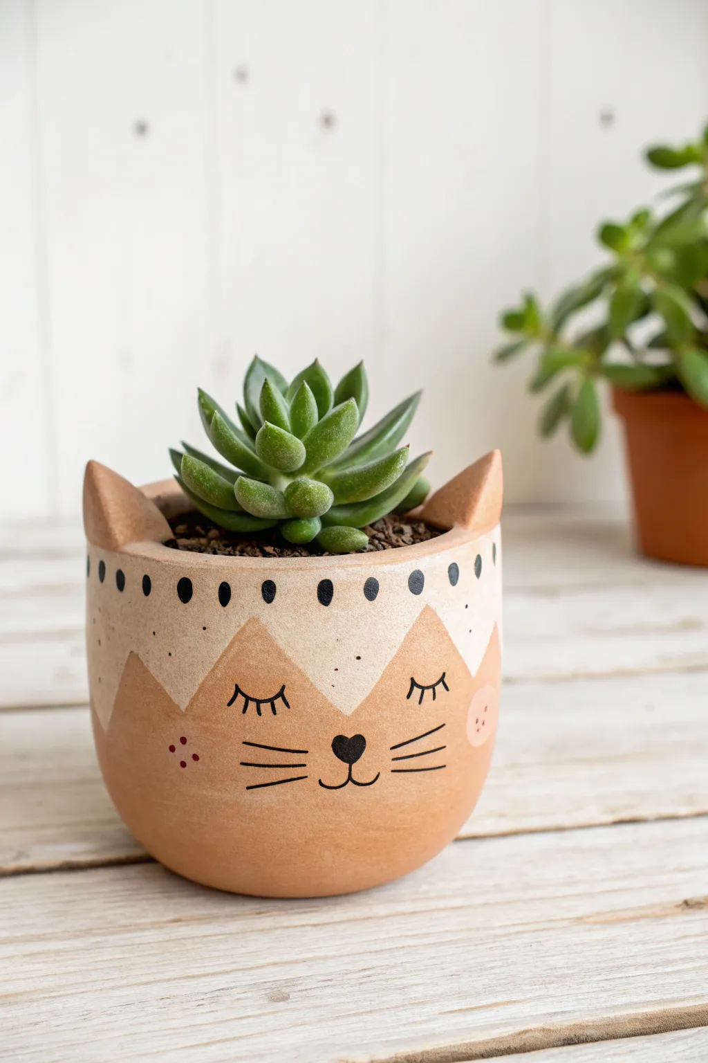 Kitty Whisker pot idea: a simple cat-face clay planter with tiny ears and a fresh green plant.