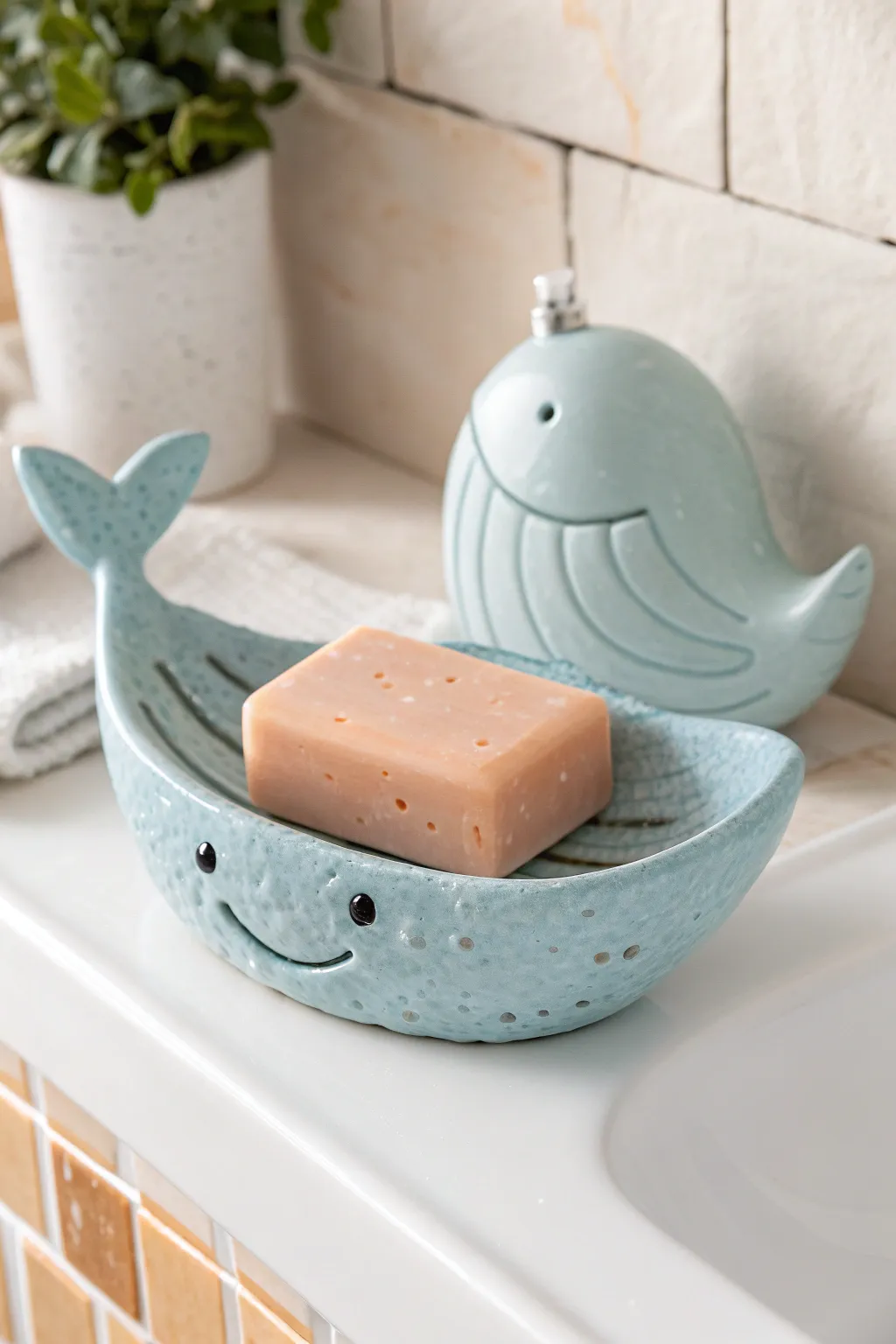 Sweet whale soap dish in airy blue with water-drop bumps, a minimal boho bathroom touch.