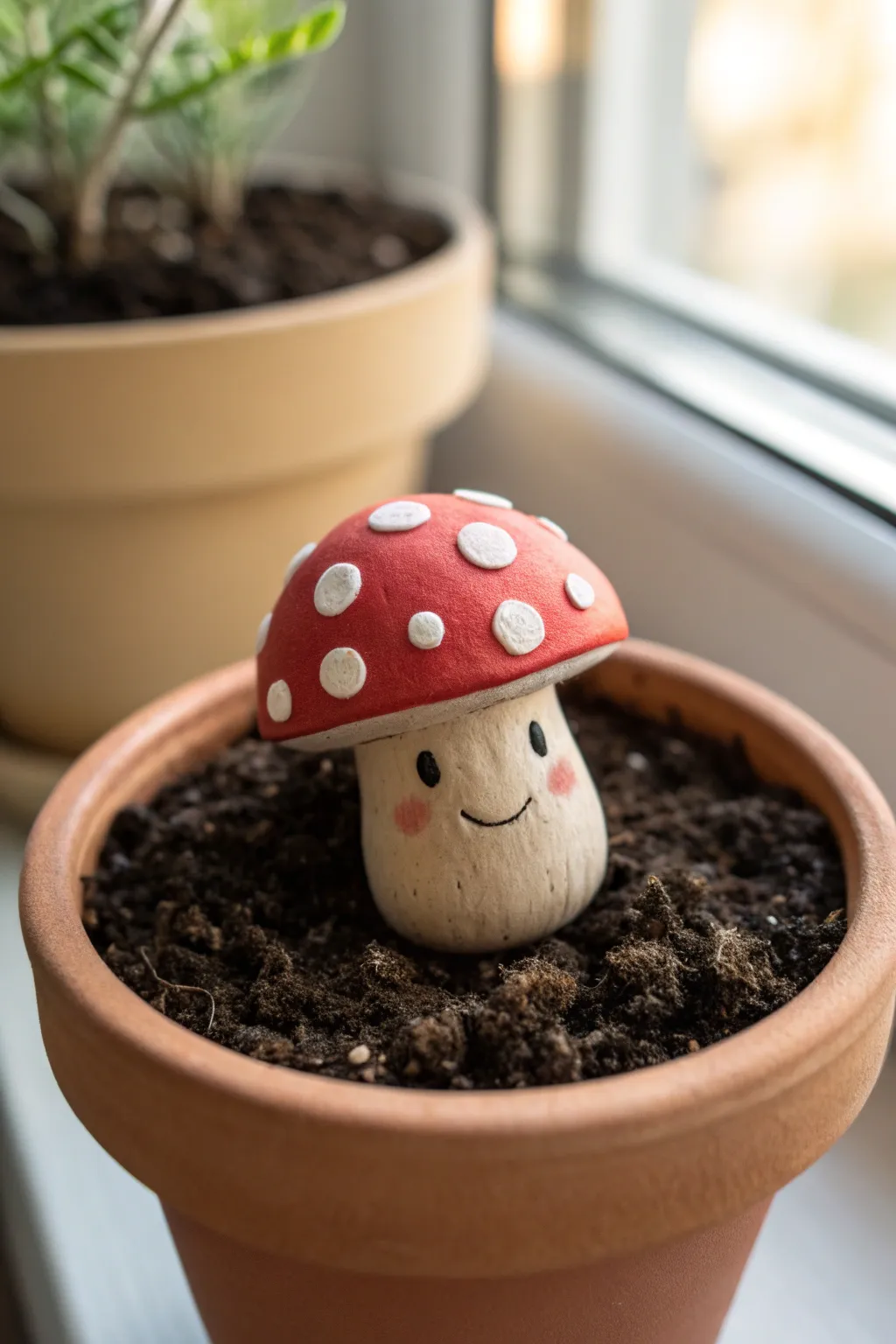Whimsical clay mushroom buddy to brighten your plant pot with minimalist Scandi-boho charm