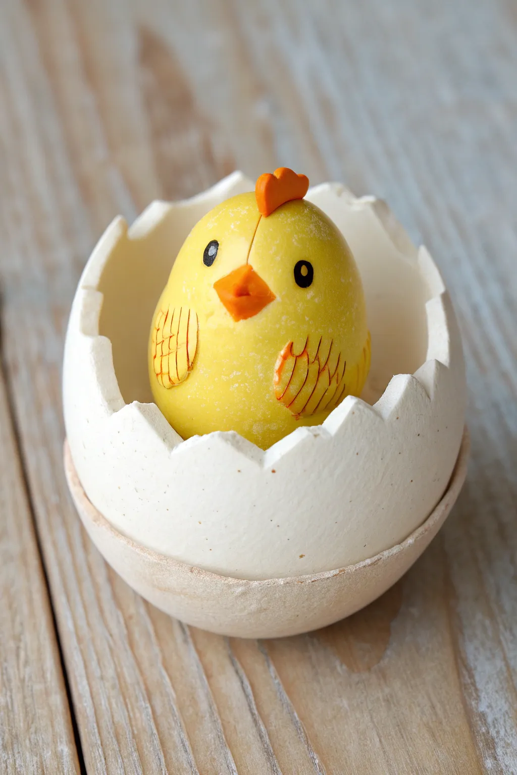 Nesting chick clay rattle peeking from a cracked eggshell, sunny yellow and sweetly minimalist.