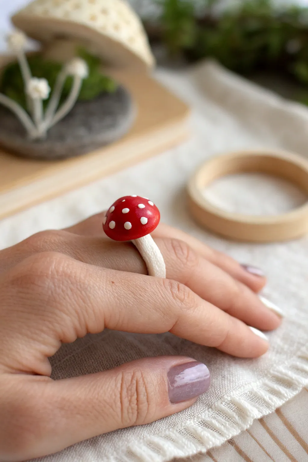 Mini red-and-white mushroom cap ring, stacked with a neutral band for cozy cottagecore charm.