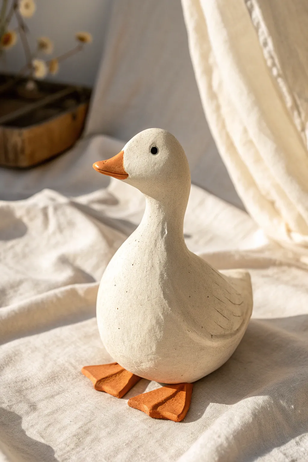 Minimal clay duck with chunky orange feet, simple shapes and bold contrast for a cozy look