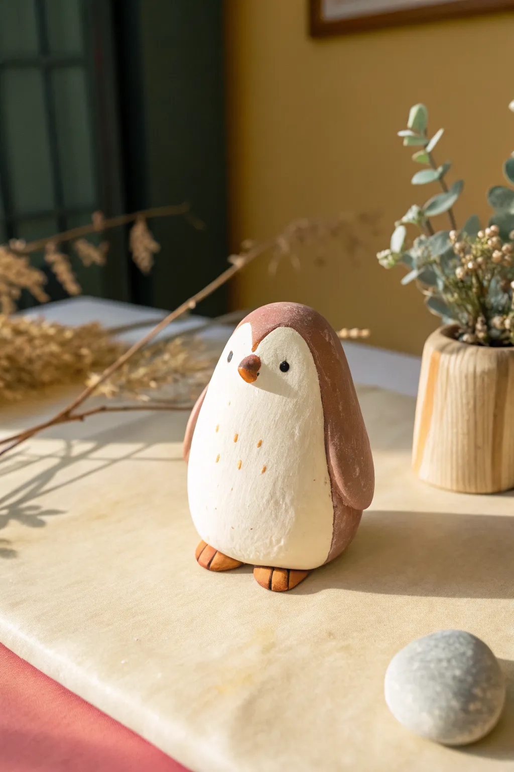 An easy round clay penguin with tiny flippers and a soft shadow for extra squishy charm.