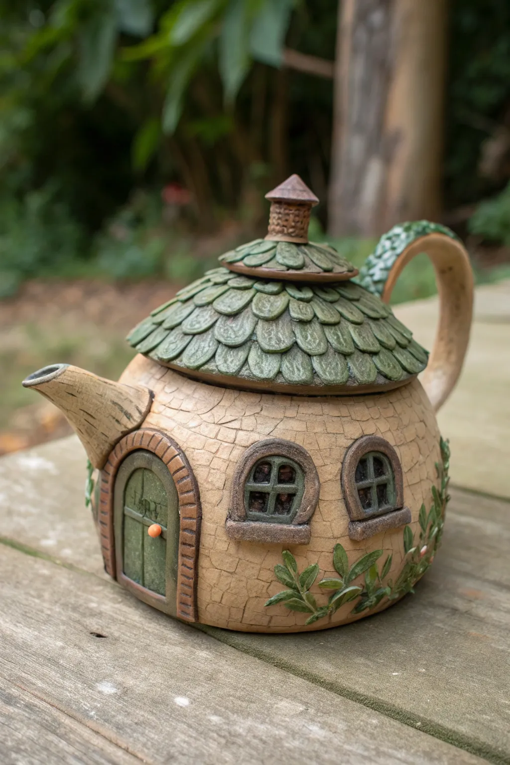 Fairy cottage teapot with tiny windows and a textured roof lid, minimal boho charm in bold color