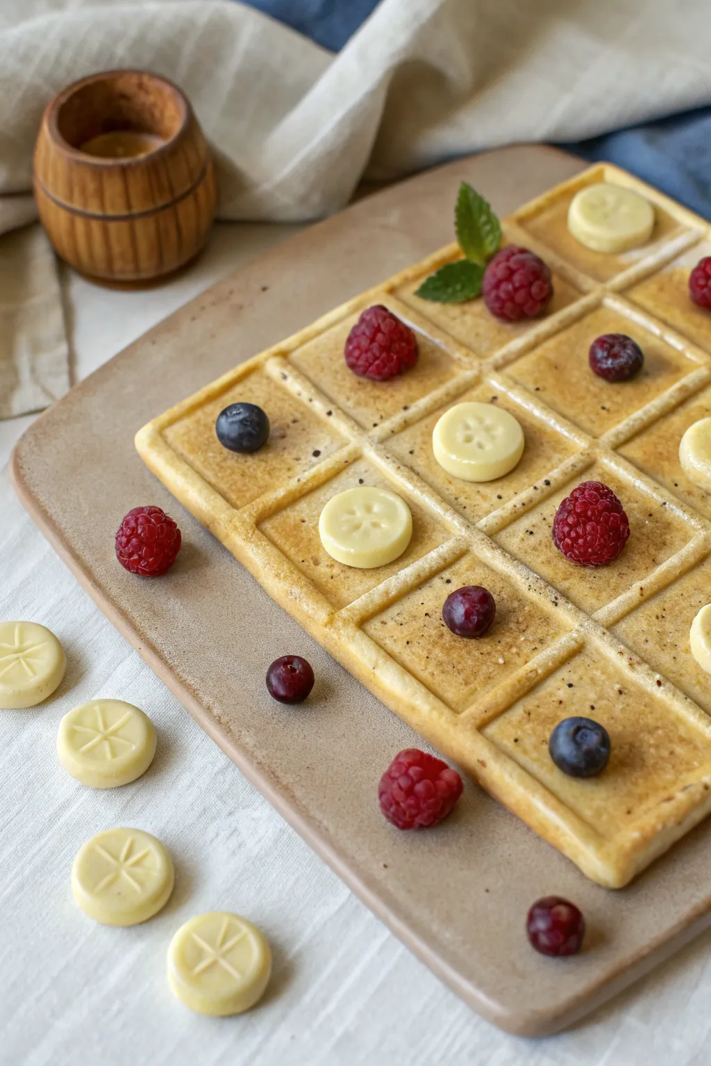 Snackable waffle tic tac toe set in clay with butter slabs and berry pieces, minimalist boho vibes