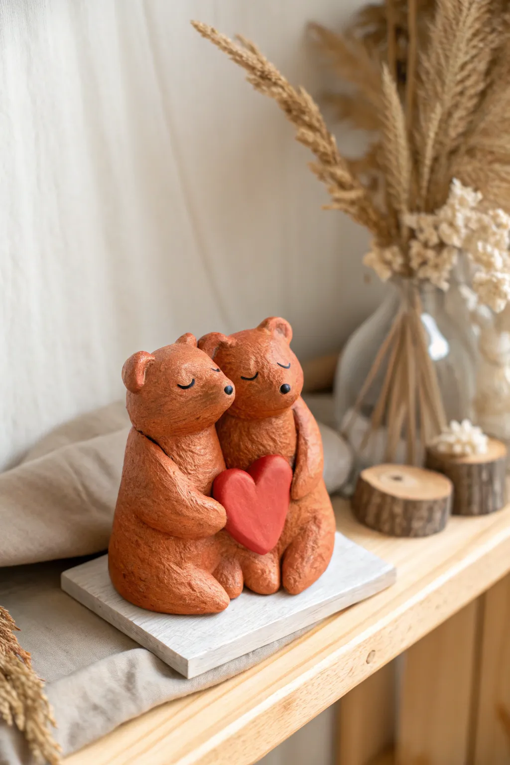 Hugging bear couple minis with a tiny heart, simple handmade clay decor in bold cozy tones