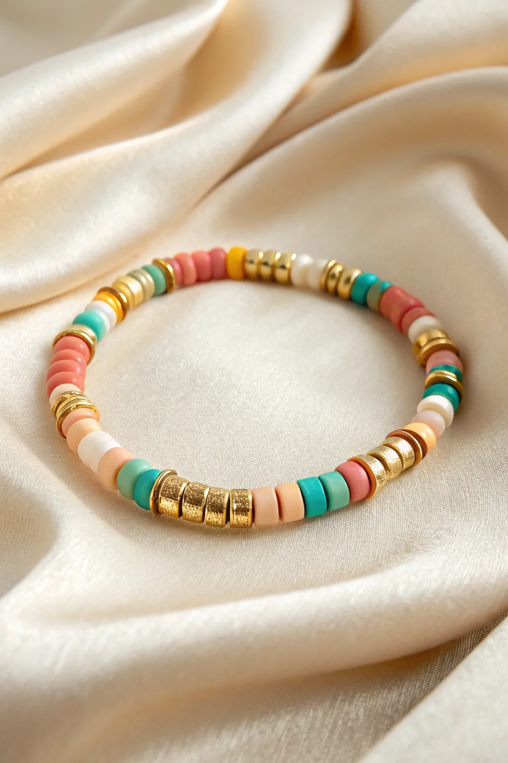 Gold spacer sprinkle heishi bracelet flat lay, bold color blocks with clean Scandinavian style