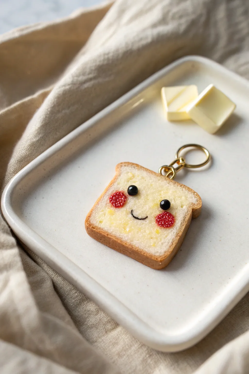 Smiling toast charm with butter and jam accents, minimal boho styling, bright and cozy.
