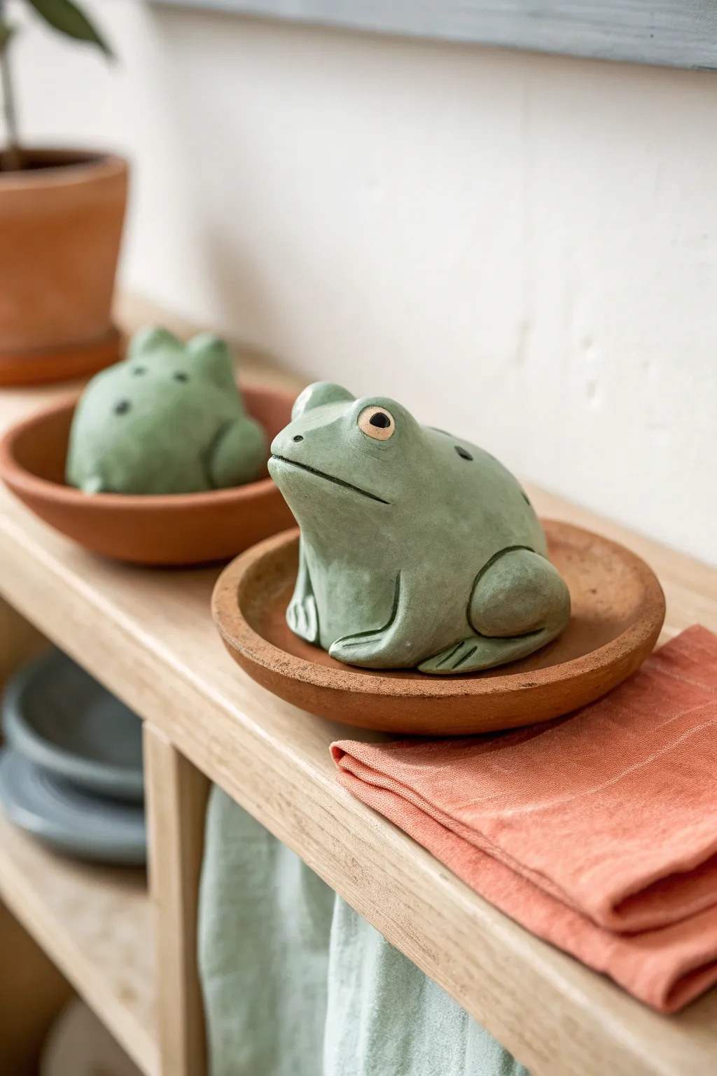 Easy frog blob buddy in soft green on a terracotta dish, minimalist cute desk decor