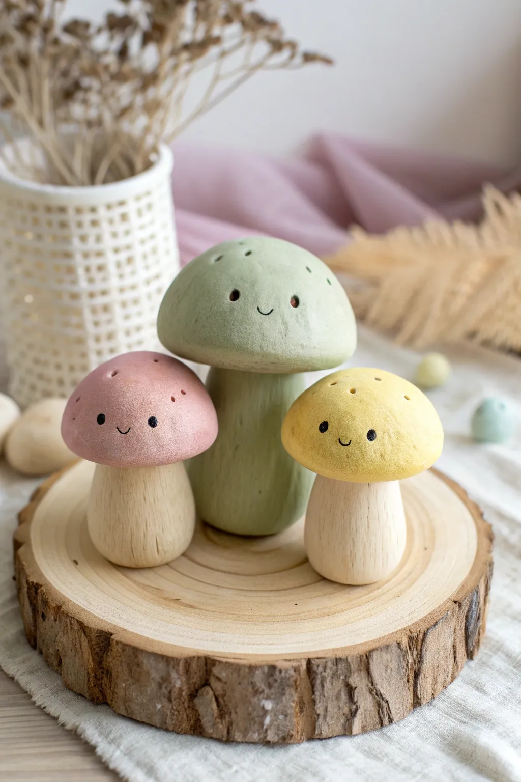 Sweet mushroom buddies in soft pastels, simple to make and perfect for your desk decor.