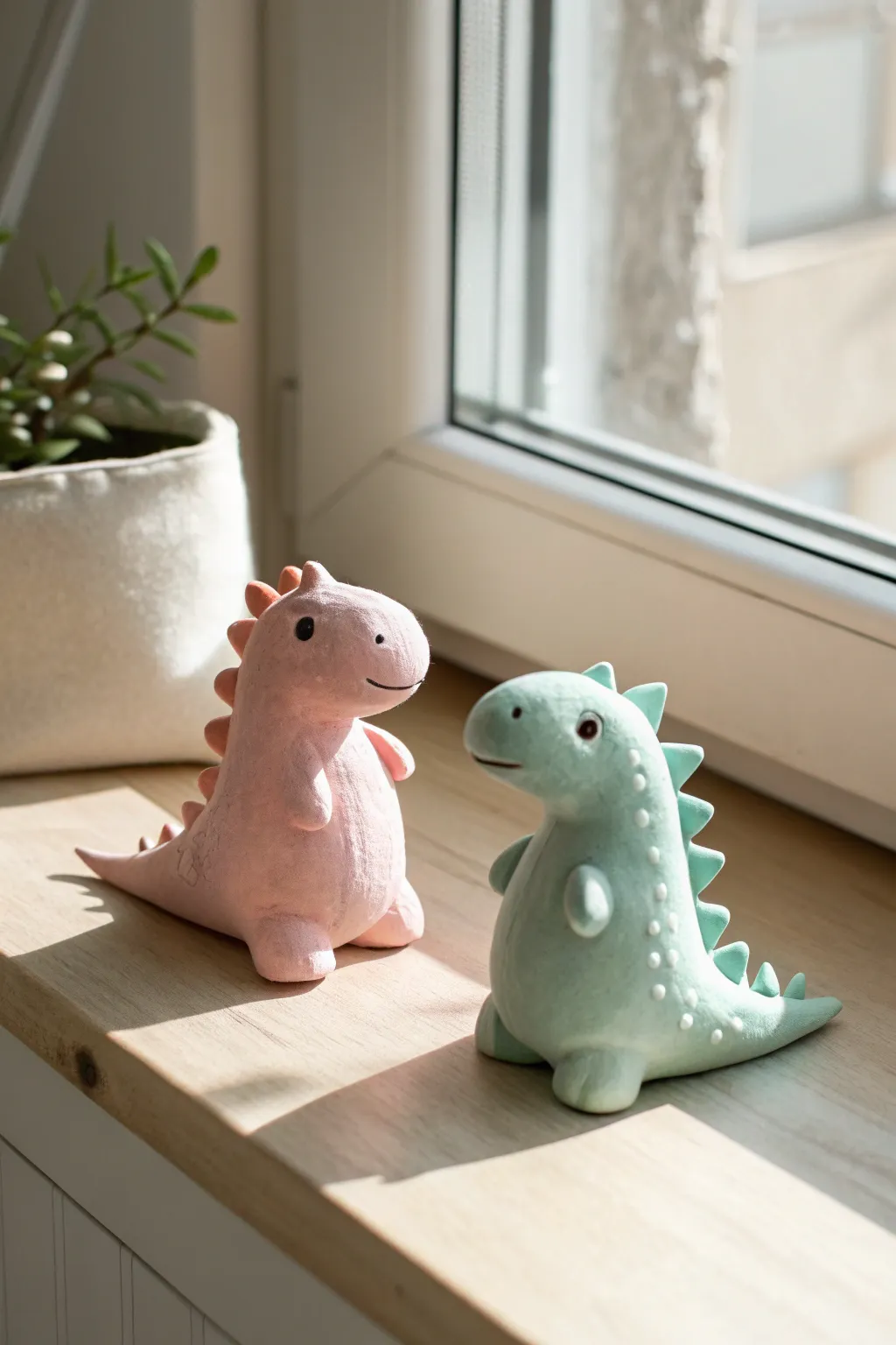 Two pastel mini dinos sitting side by side, a cute easy small clay idea with cozy minimal vibes