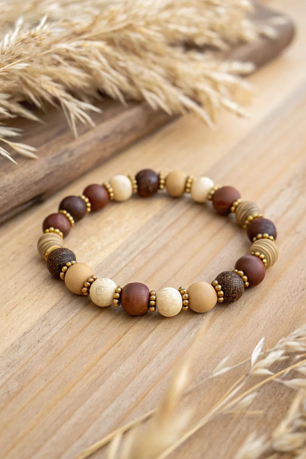 Autumn neutrals meet gold-tone sparkle in this easy clay bead bracelet for cozy fall style.