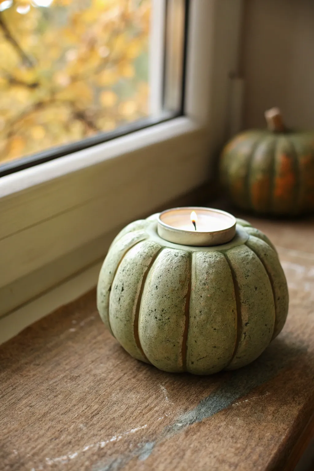 Cozy terracotta pumpkin tealight holder with mossy green accents for an easy fall glow.