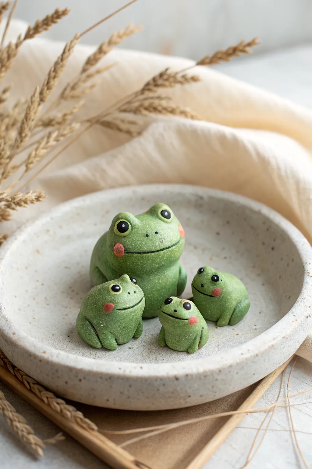 Three tiny blush-cheeked clay frogs in a sweet lineup, minimal styling, bold green pop.