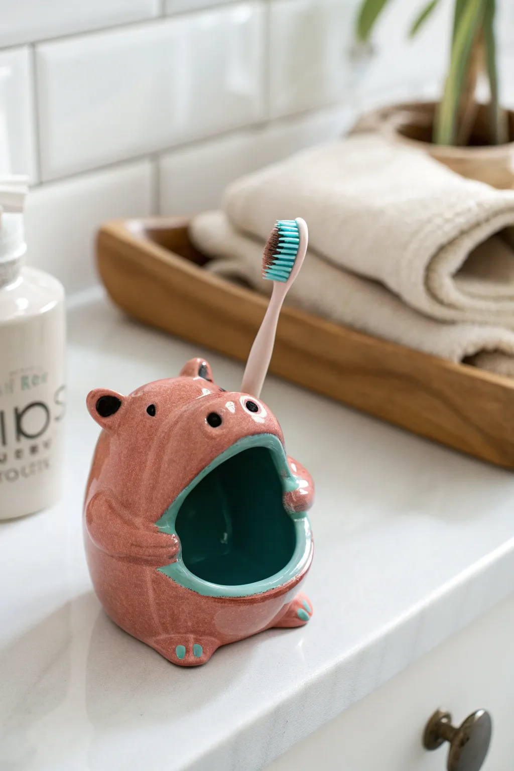 A cute ceramic hippo toothbrush holder adds bold color and tidy charm to a minimalist sink.