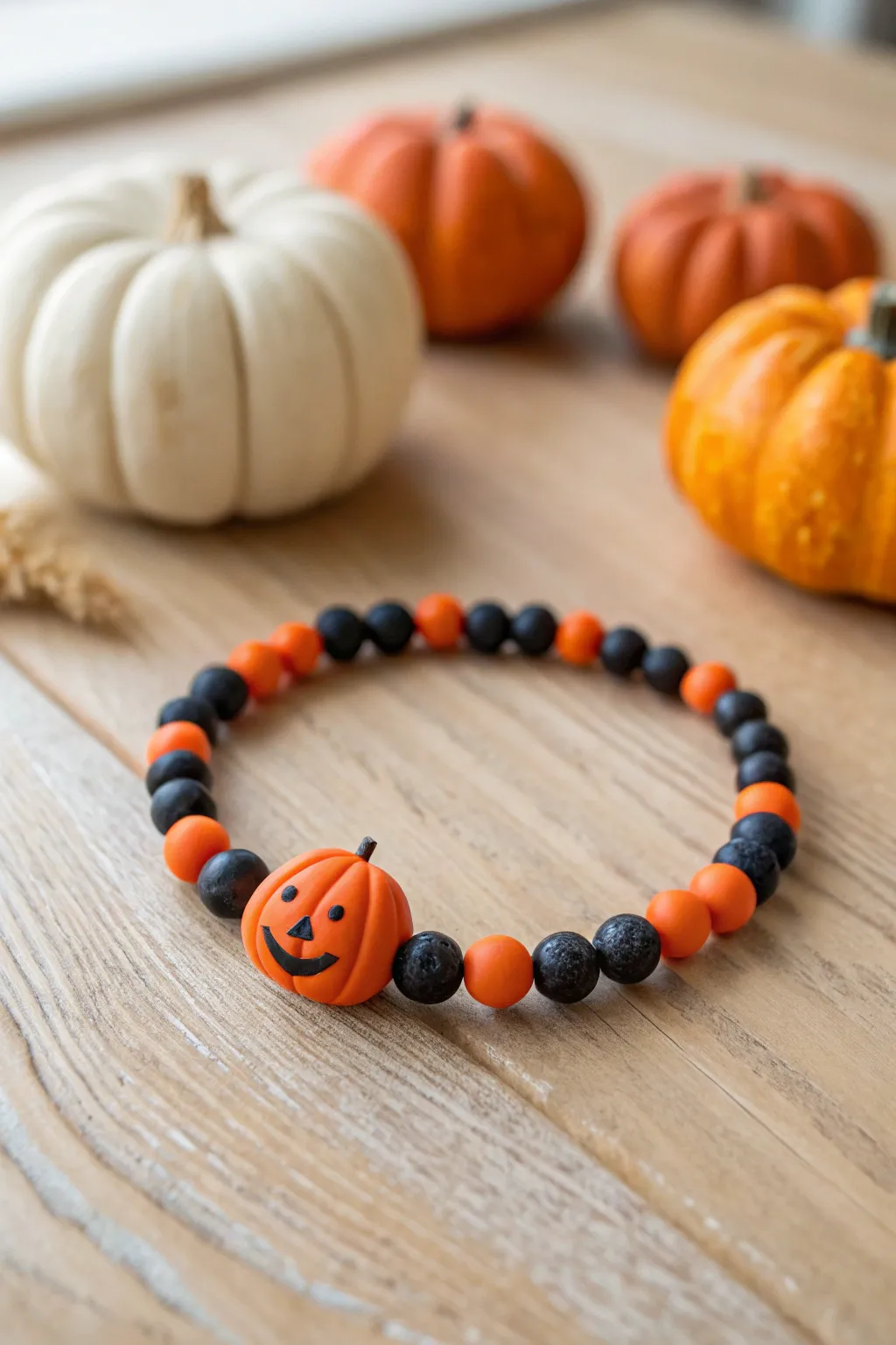 Smiley pumpkin focal bead bracelet in bold orange and black, styled on warm wood for Halloween.
