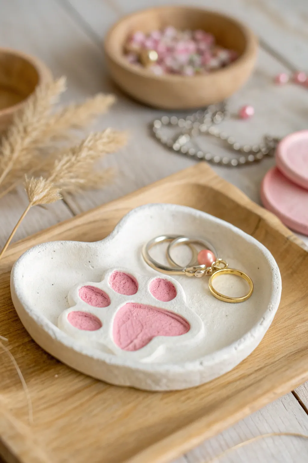 Sweet cat paw trinket dish with pink toe beans, perfect for rings and tiny treasures.