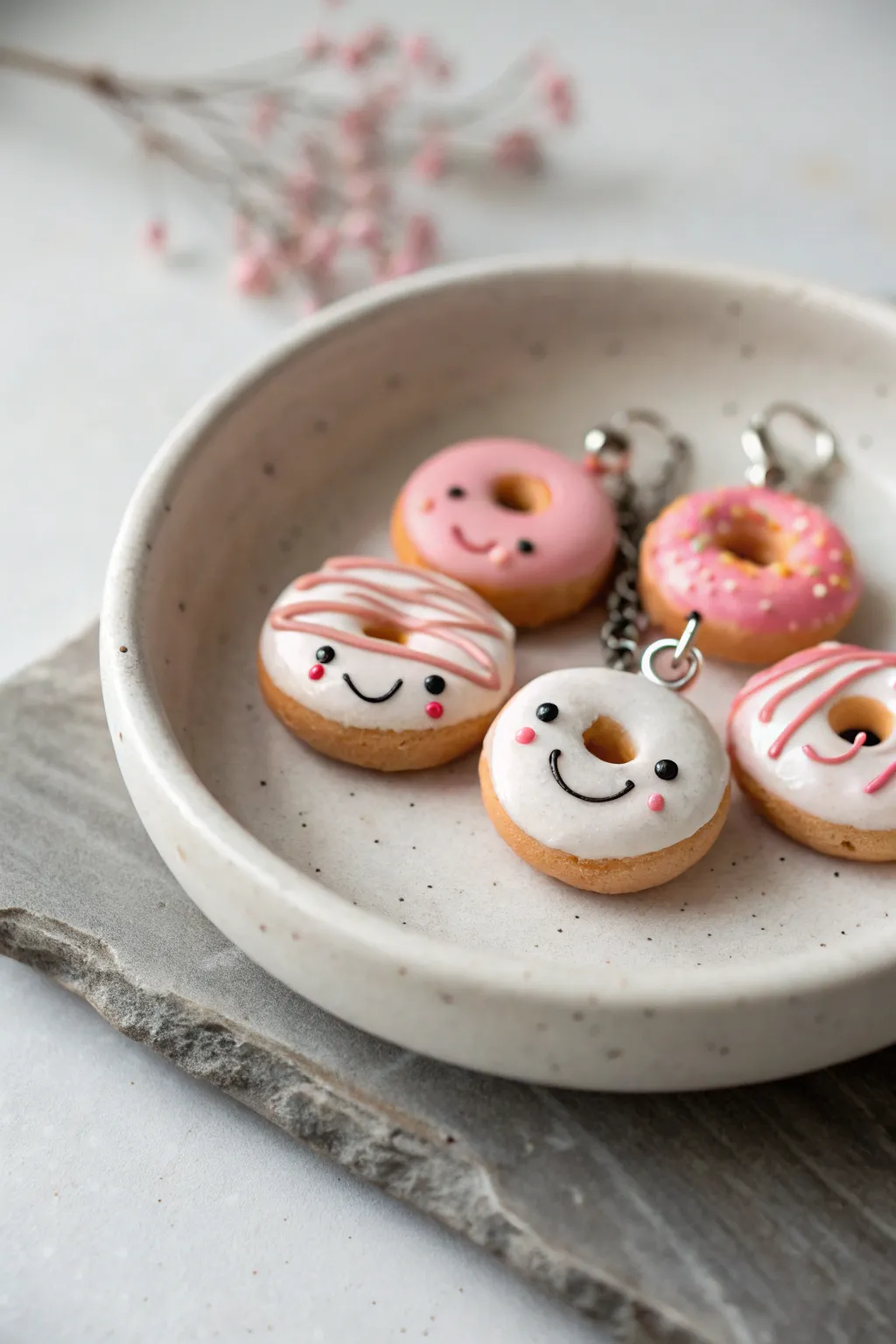 Sweet mini donut and pastry clay charms with cute faces, styled in minimalist boho contrast.