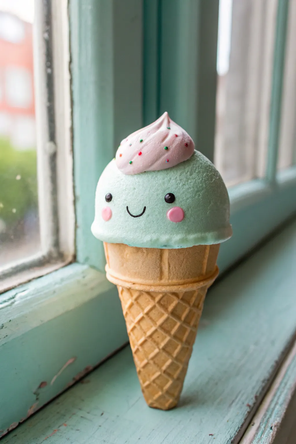 Adorable chubby clay ice cream cone with glossy pastel scoop and sweet kawaii face.