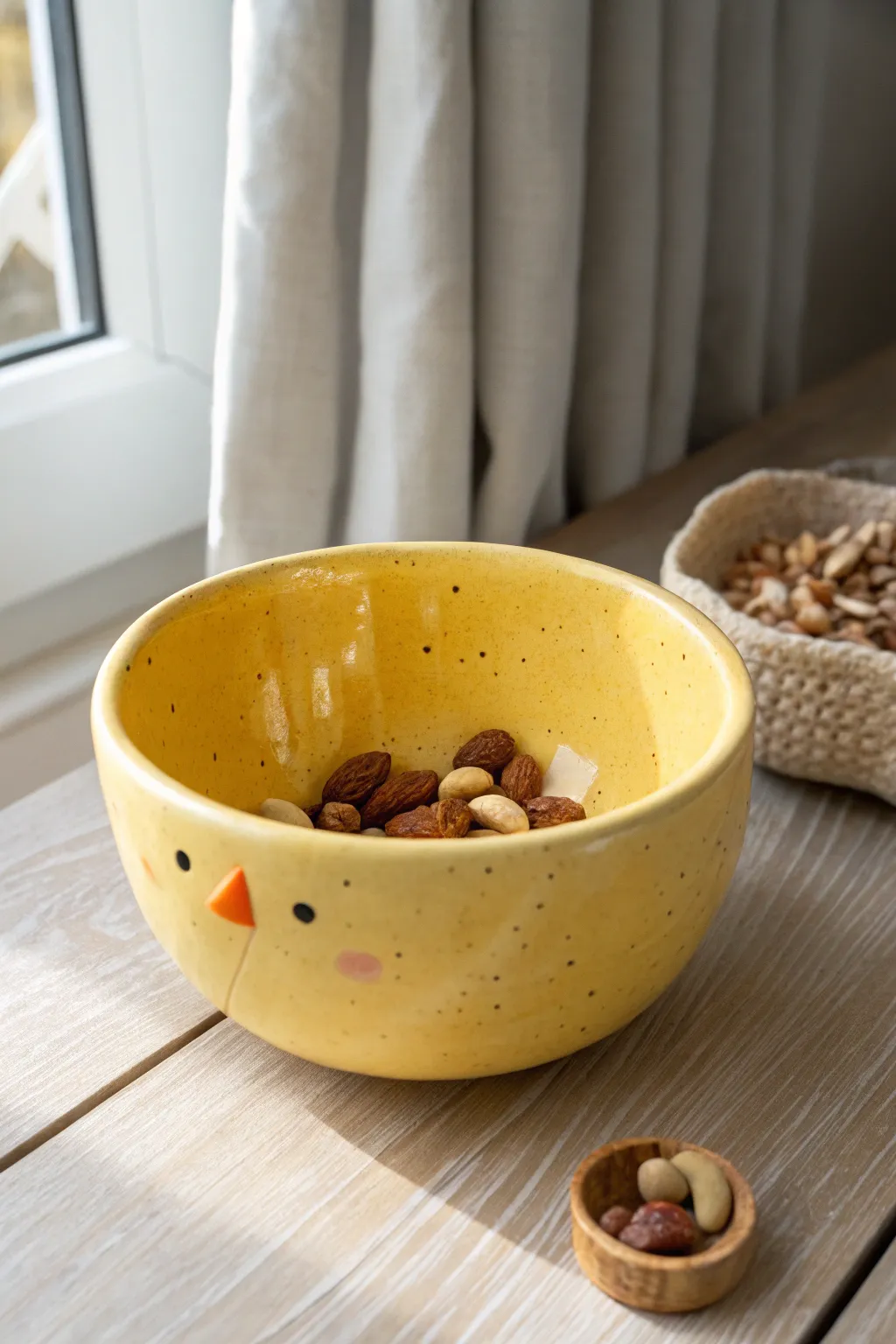 Sunny yellow chick pinch pot bowl holding a few sweet treats, simple and irresistibly cute.