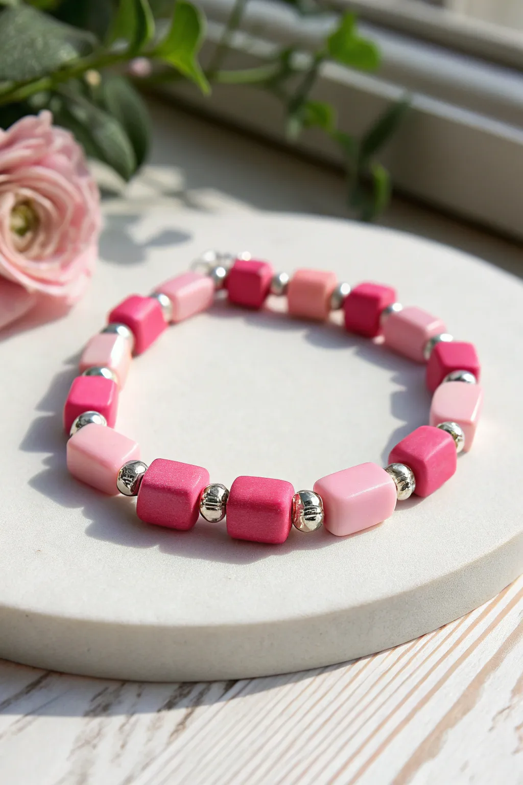 Hot pink color-block clay bead bracelet with blush breaks and silver spacers on a clean backdrop.