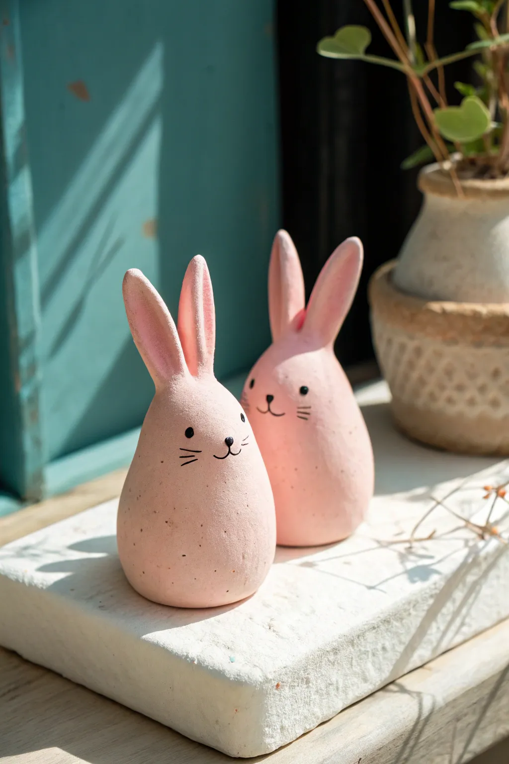 Two blush pink bunny desk buddies with rosy cheeks, minimalist charm and handmade clay texture.