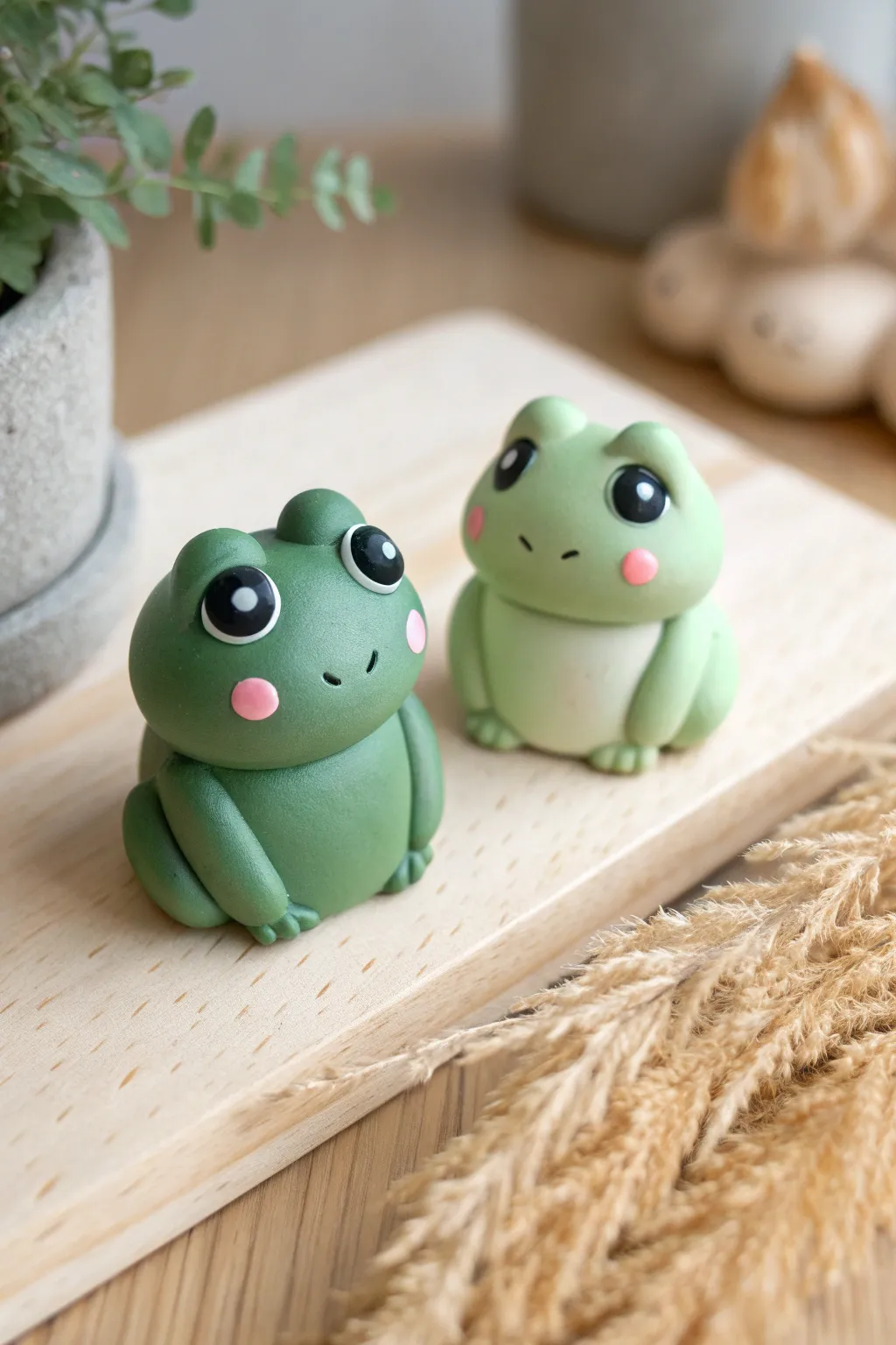 Two chibi polymer clay frogs with big glossy eyes, blush cheeks, and cozy Scandinavian vibes.