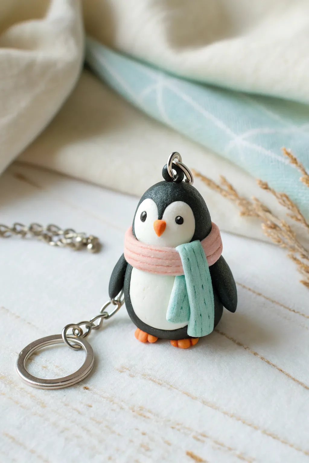 Sweet mini penguin keychain with a pastel scarf, simple to make and perfect for gifts.