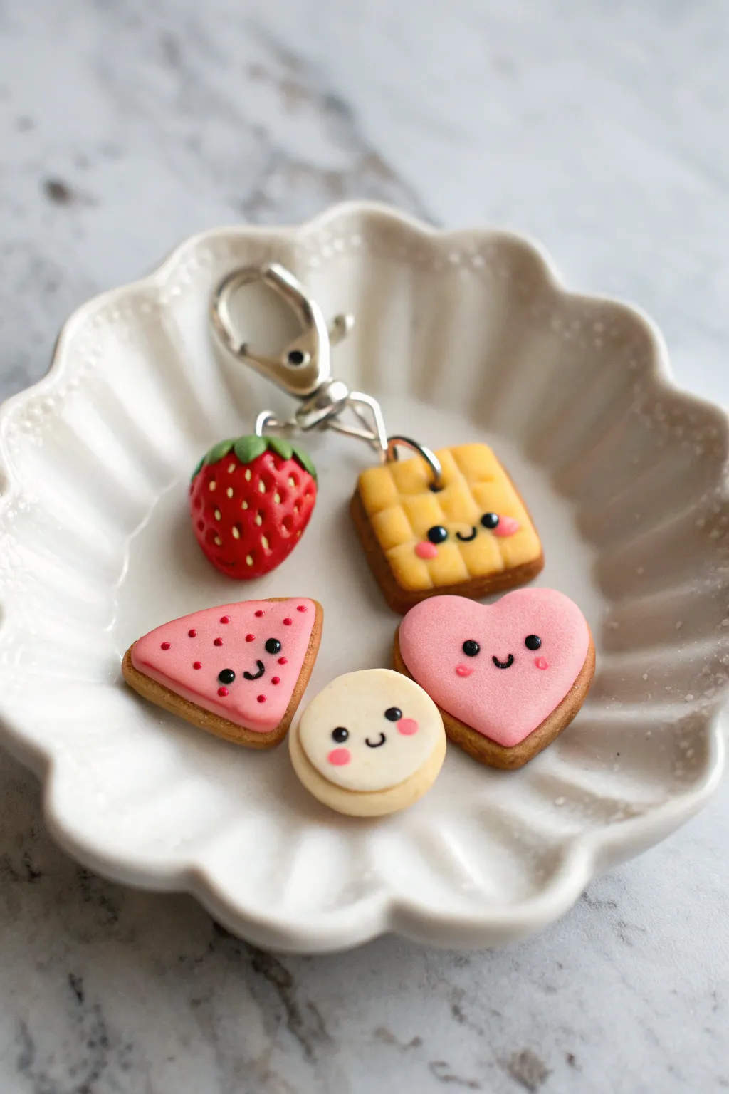 Teeny food charms with sweet faces, bright colors, and a minimalist Scandinavian boho vibe