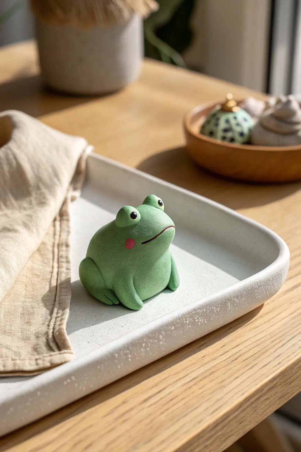 Tiny green frog buddy with rosy cheeks, a sweet handmade desk decor accent in minimalist style