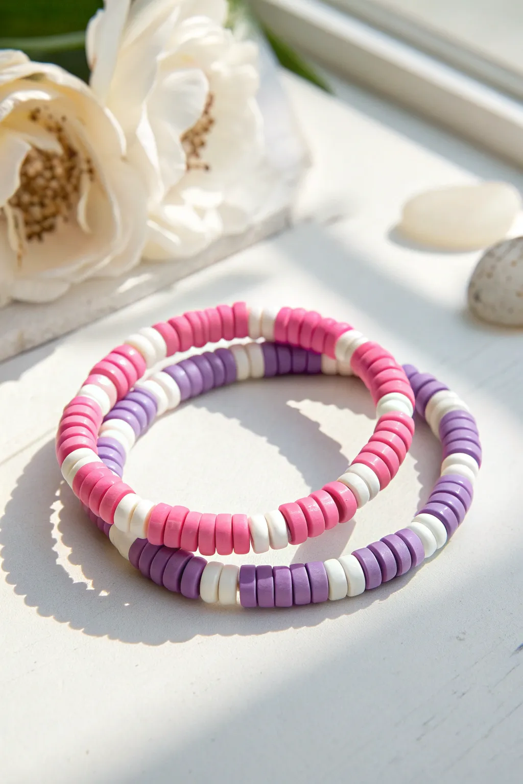 Classic preppy summer bracelets in pink, purple and white heishi beads, sweet and simple.