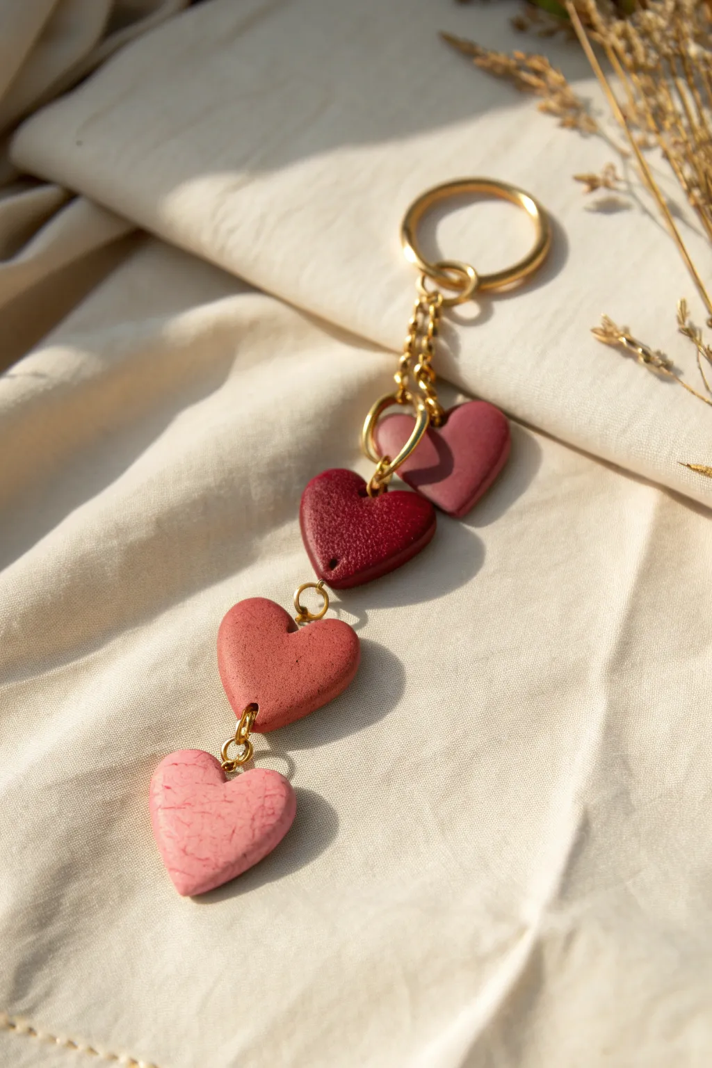 Puffy clay heart keychain in bold reds and pinks, styled minimal for a sweet Valentine gift