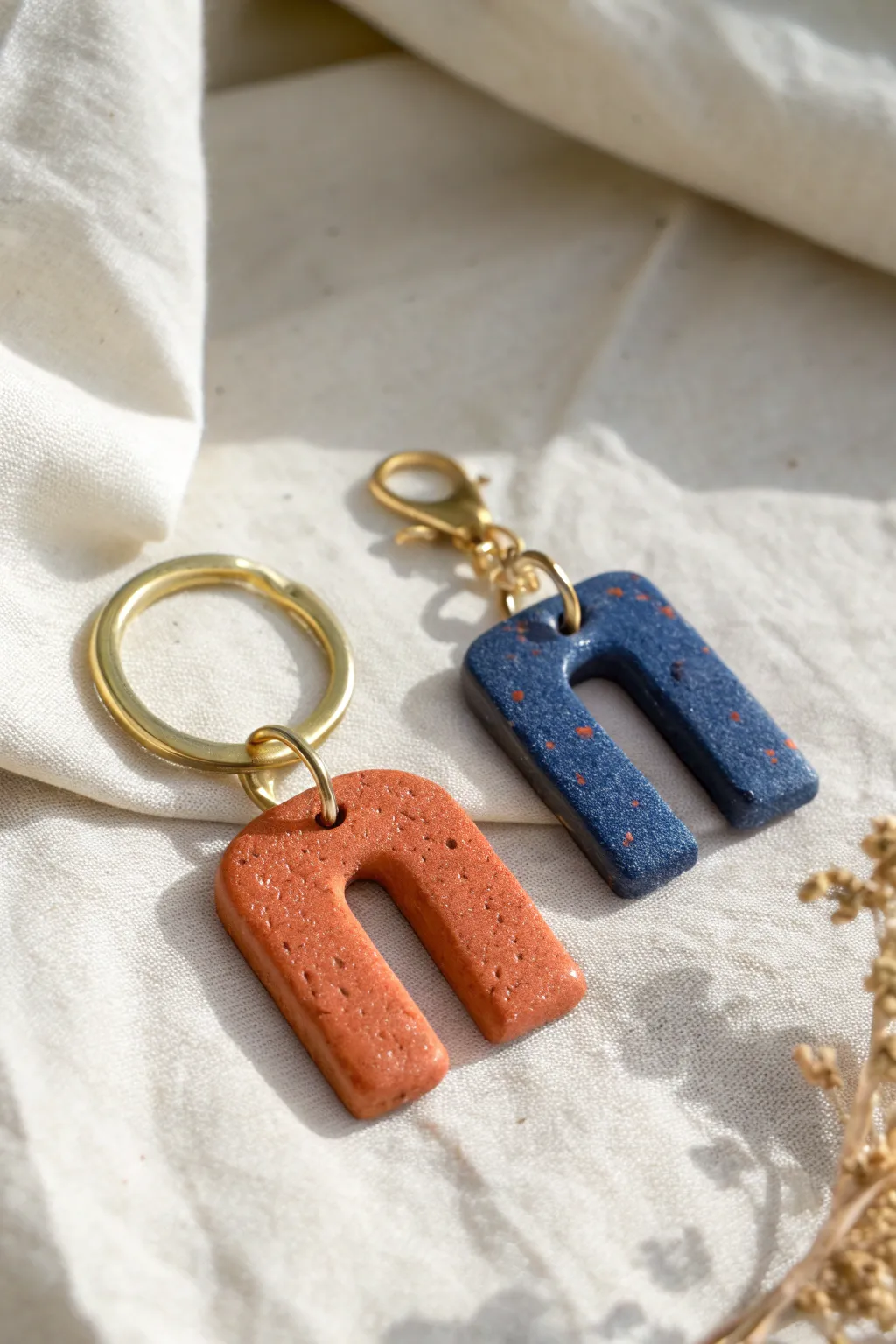 Sweet mini initial keychain duo in bold clay colors, a simple date-night craft with meaning.