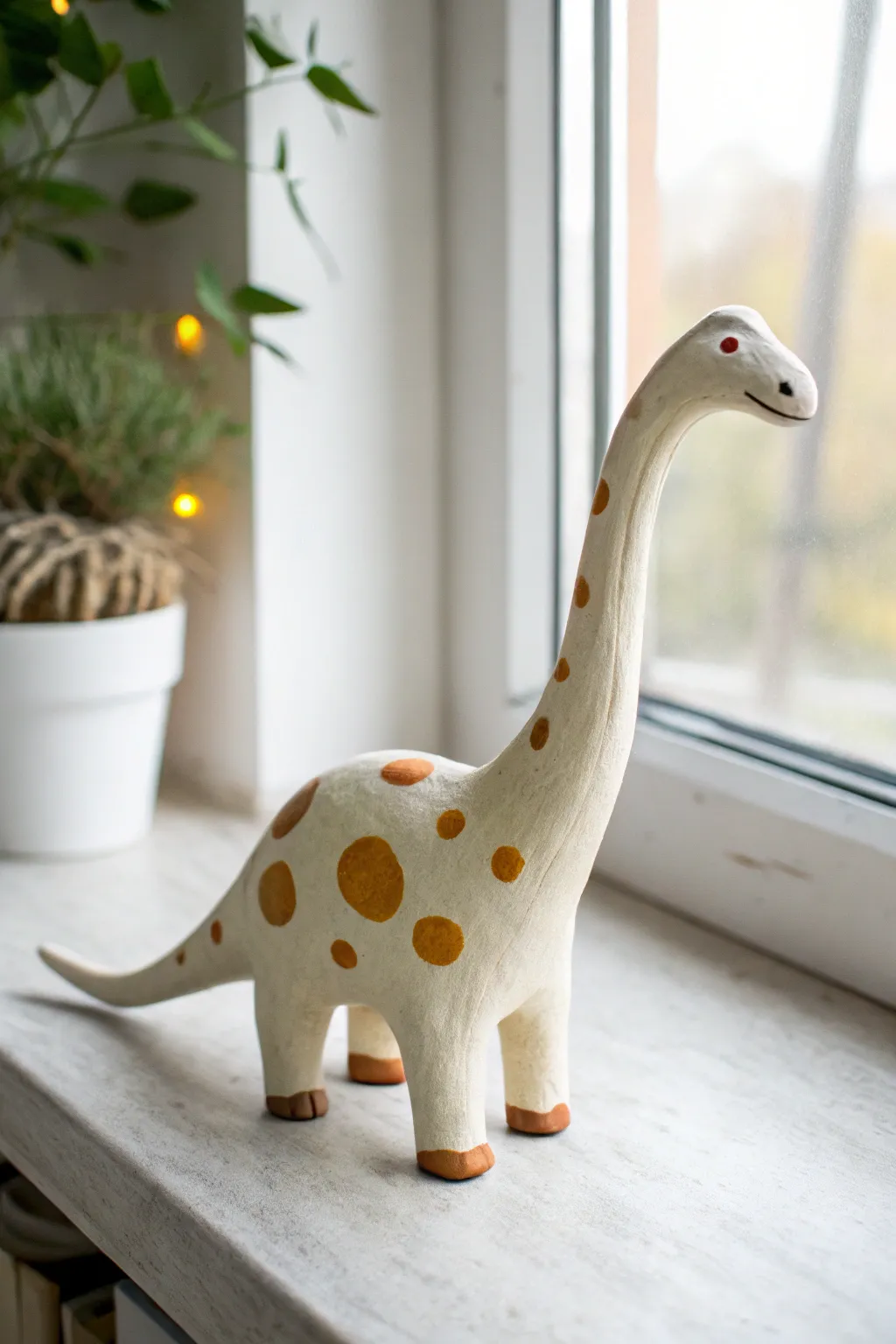 Sweet long-neck clay brachiosaurus with bold spots, minimalist shape, and cozy boho contrast