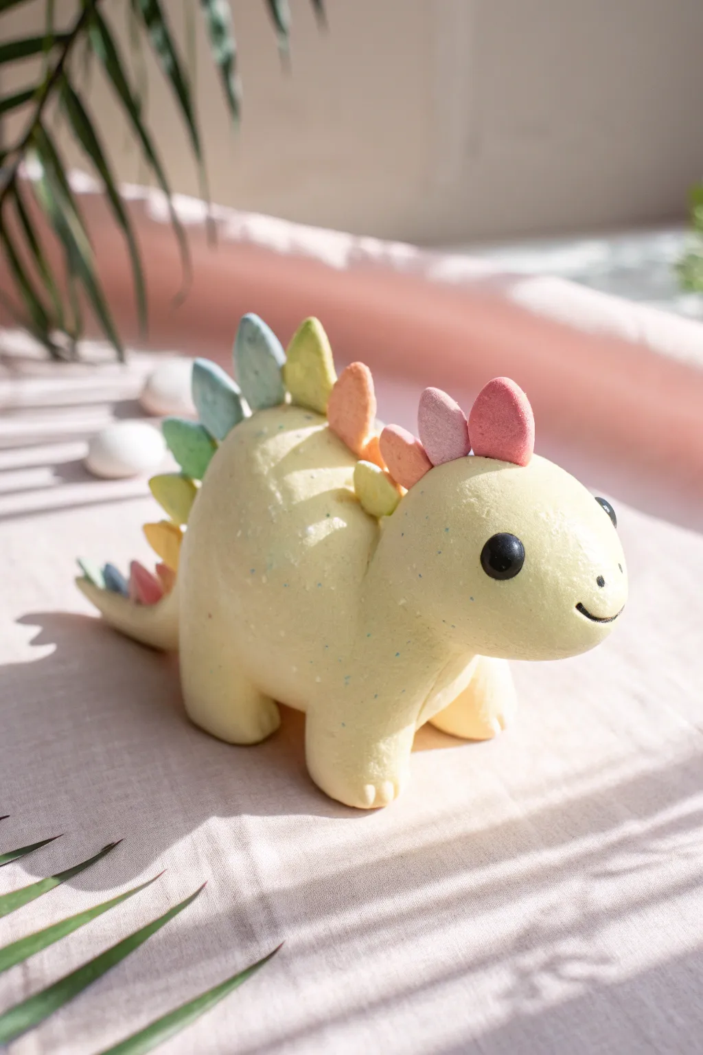 Sweet pastel stegosaurus clay charm with rainbow plates—minimal, boho, and beginner friendly.