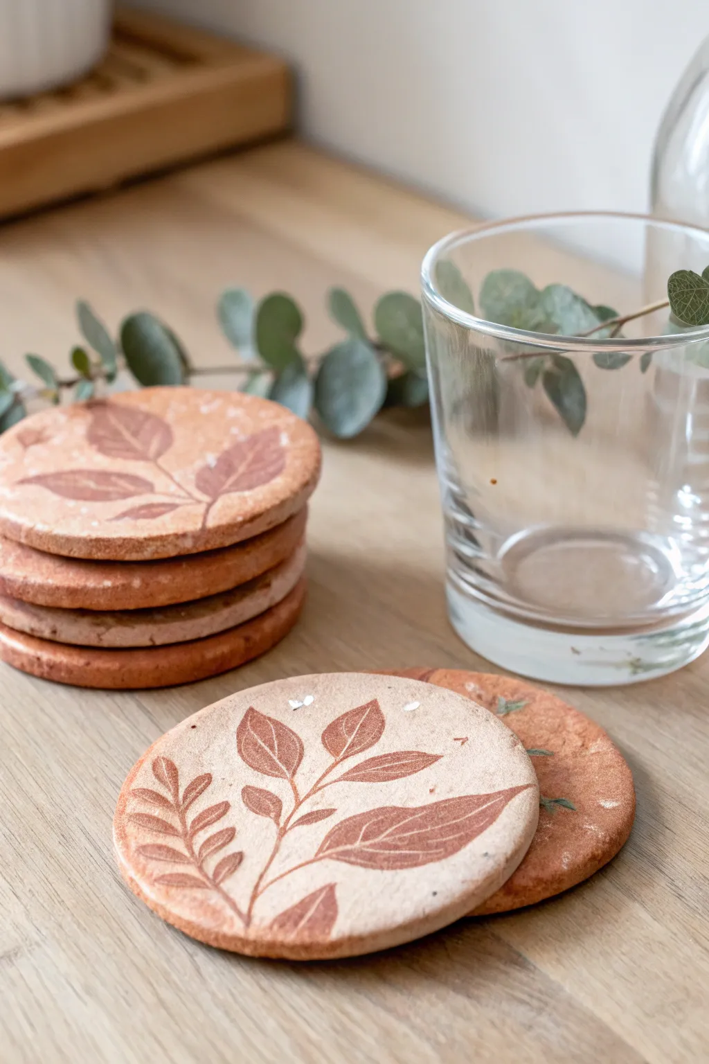 Minimalist air-dry clay coasters with pressed leaves, stacked in warm terracotta tones.