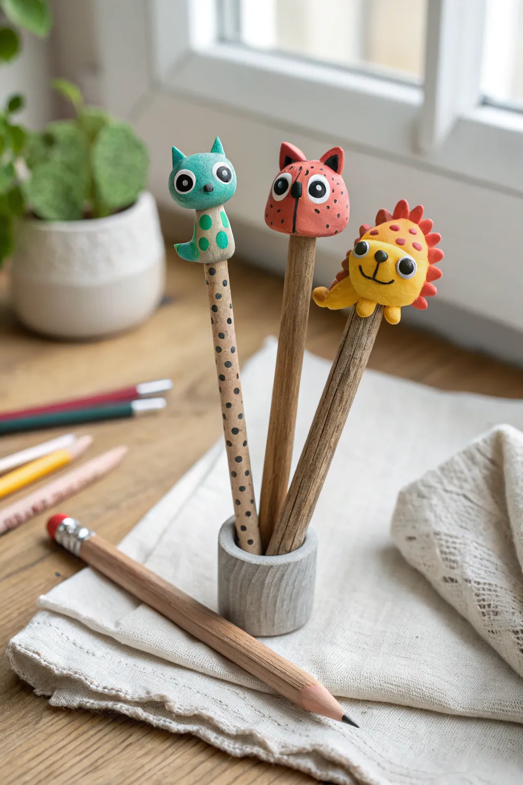 DIY air dry clay animal pencil toppers: bright, cute, and easy for kids to make at home.