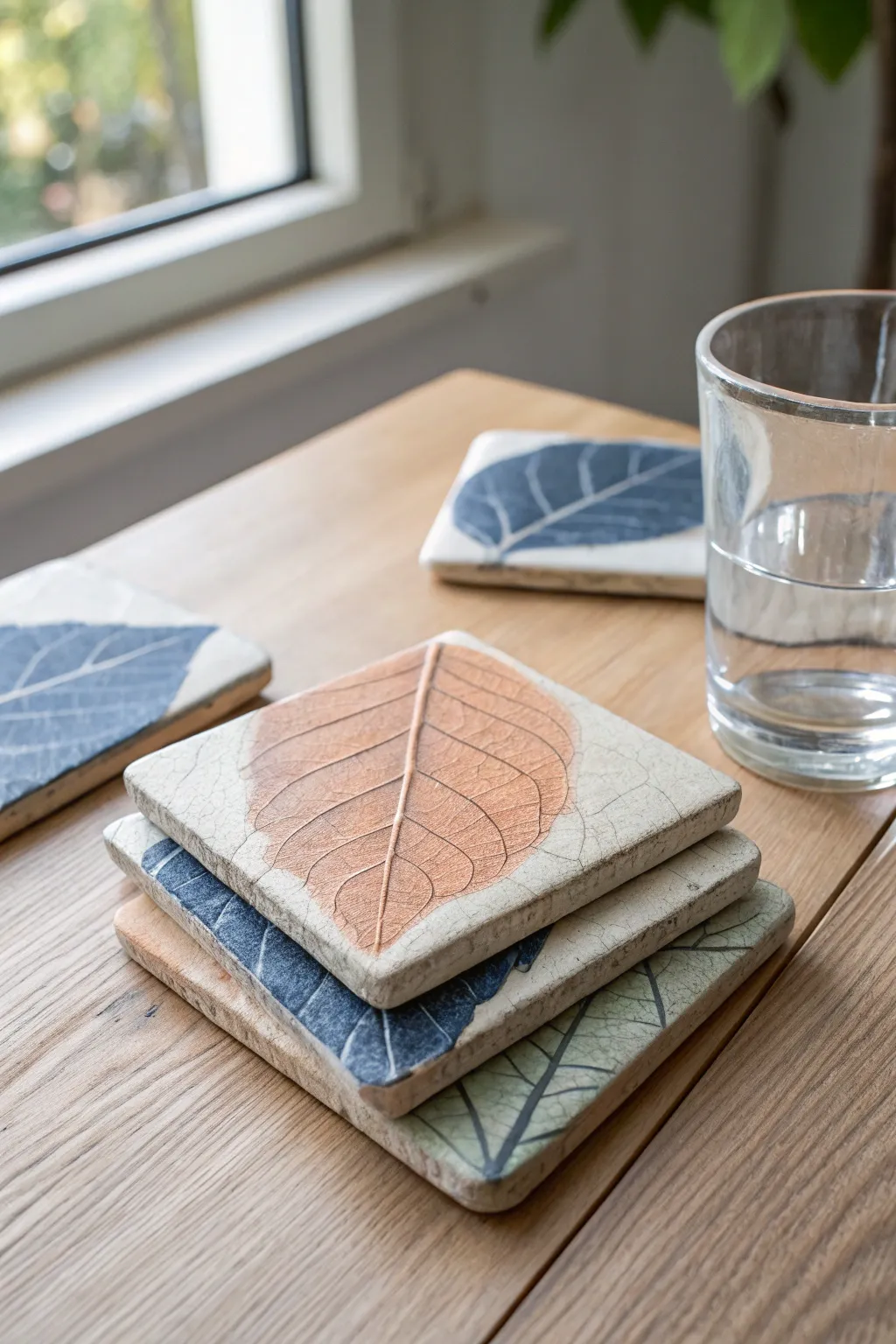 Leaf-imprint clay coasters in soft boho colors, stacked on light wood for a calm, modern look.