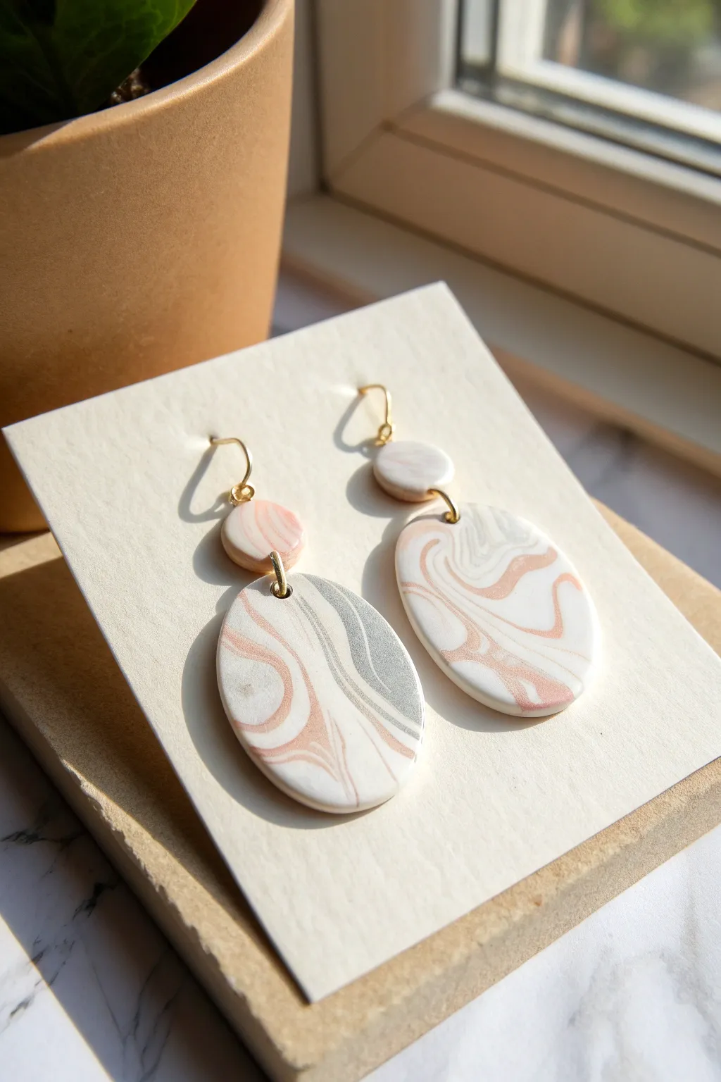 Soft marble swirl clay earrings on a minimalist card, blush and gray tones with modern contrast.